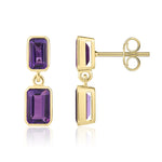 9ct Yellow Gold Octagonal Emerald Cut Natural Amethyst Double Stone Rubover Drop Earrings