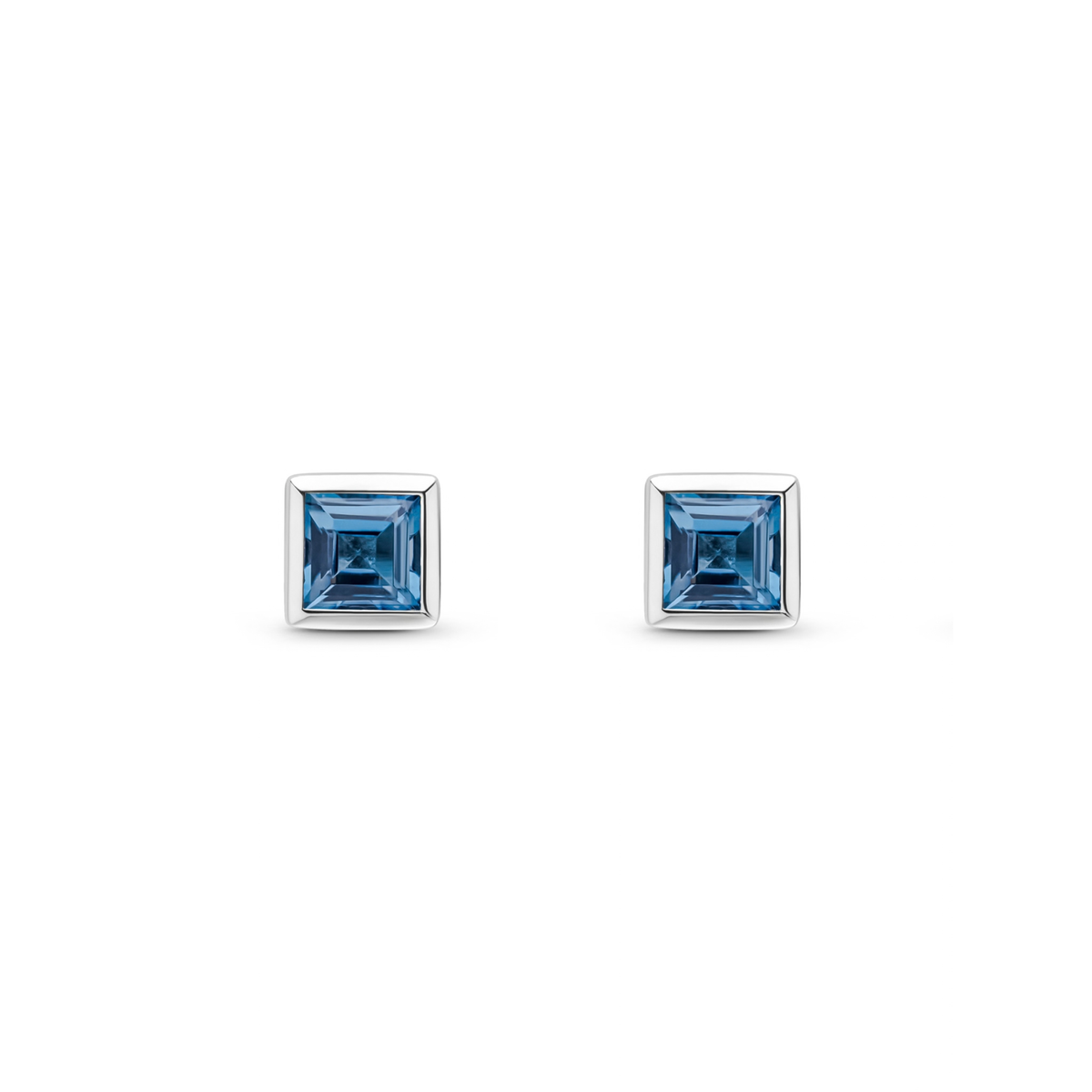 9ct White Gold Square Natural London Blue Topaz Rubover Stud Earrings — 3mm