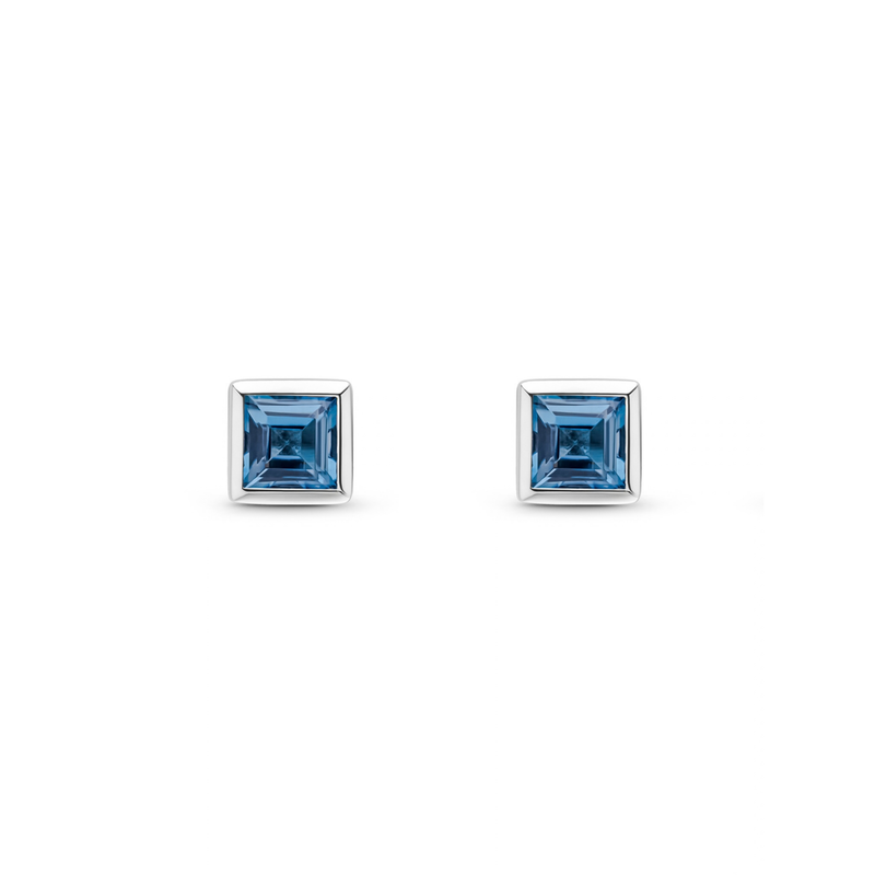 9ct White Gold Square Natural London Blue Topaz Rubover Stud Earrings — 3mm