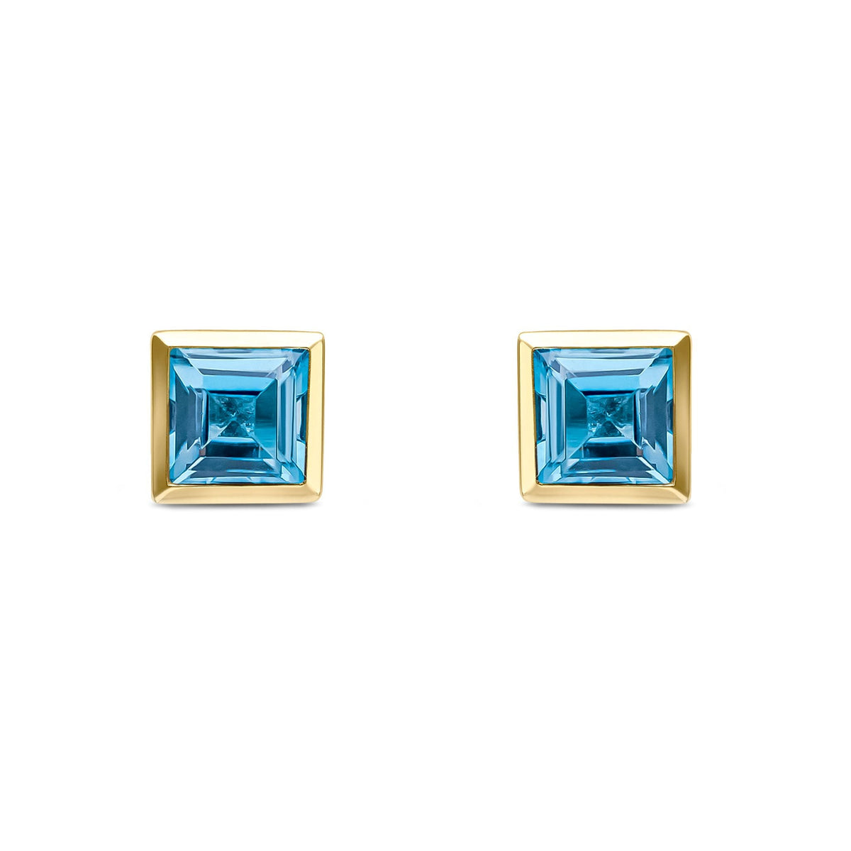 9ct Yellow Gold Square Natural Swiss Blue Topaz Rubover Stud Earrings — 5mm
