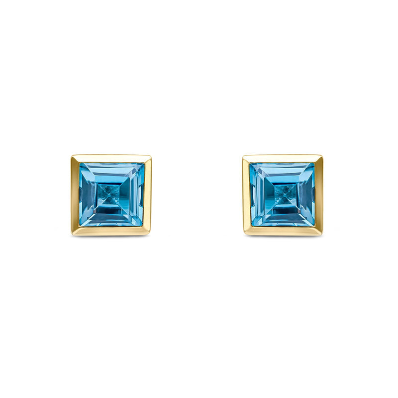 9ct Yellow Gold Square Natural Swiss Blue Topaz Rubover Stud Earrings — 5mm