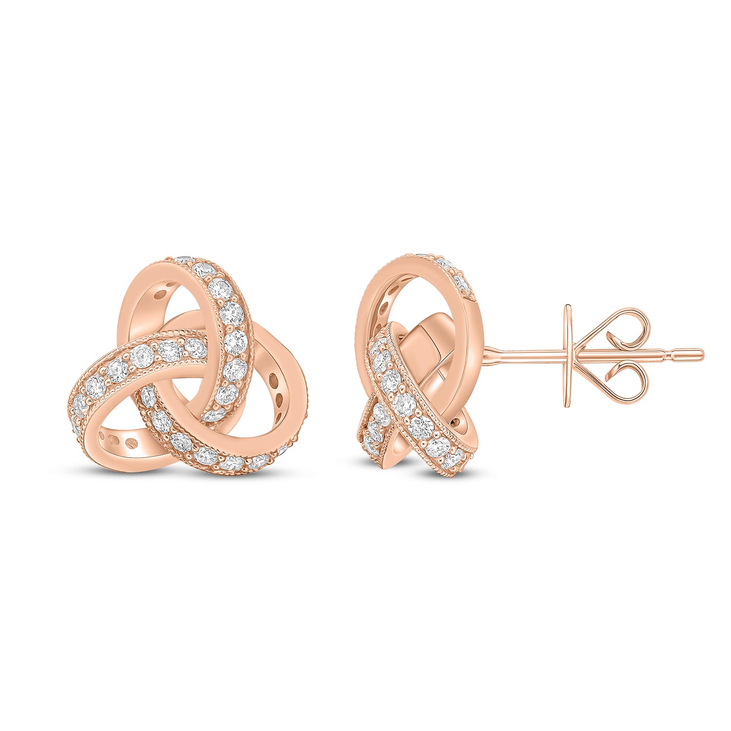 18ct Rose Gold Natural Diamond Grain Set Knot Stud Earrings – 13.5mm