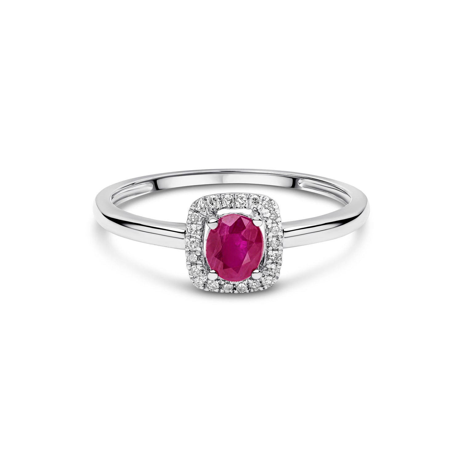 9ct White Gold Oval Natural Ruby and Round Diamond Cluster Ring — 5x4mm