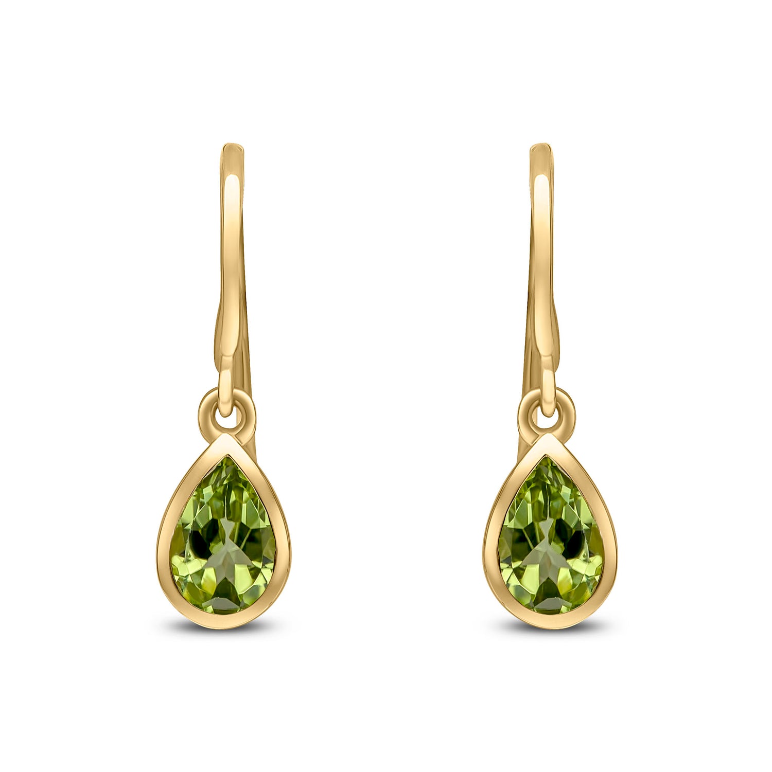 9ct Yellow Gold Pear Shaped Natural Peridot Rubover Wire Hook Drop Earrings — 6x4mm