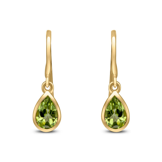 9ct Yellow Gold Pear Shaped Natural Peridot Rubover Wire Hook Drop Earrings — 6x4mm