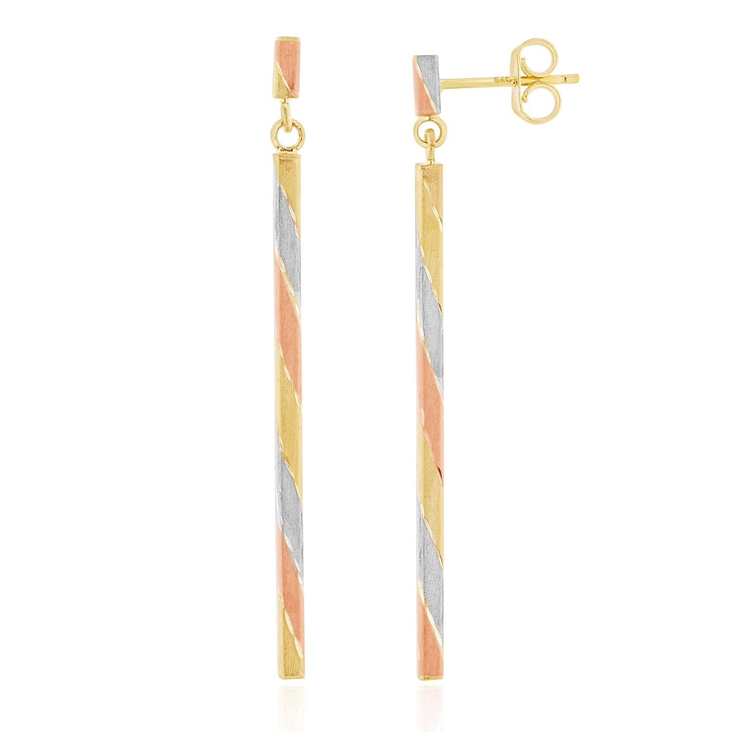 9ct Three Tone Yellow, White And Rose Gold Satin Striped Bar Drop Earrings – 50mm