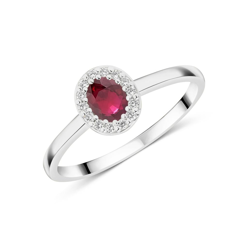 18ct White Gold Oval Ruby and Diamond Microset Cluster Ring — 5x4mm