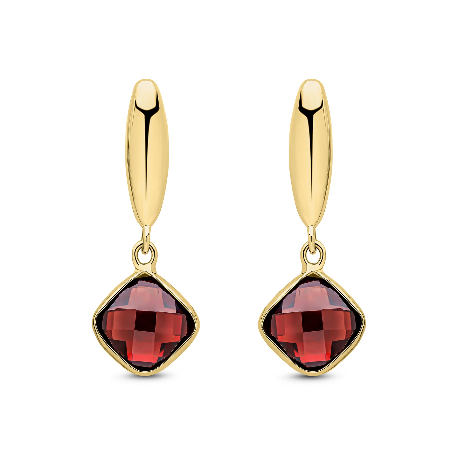 9ct Yellow Gold Checkerboard Cushion Natural Garnet and Polished Torpedo Top Drop Earrings — 27mm