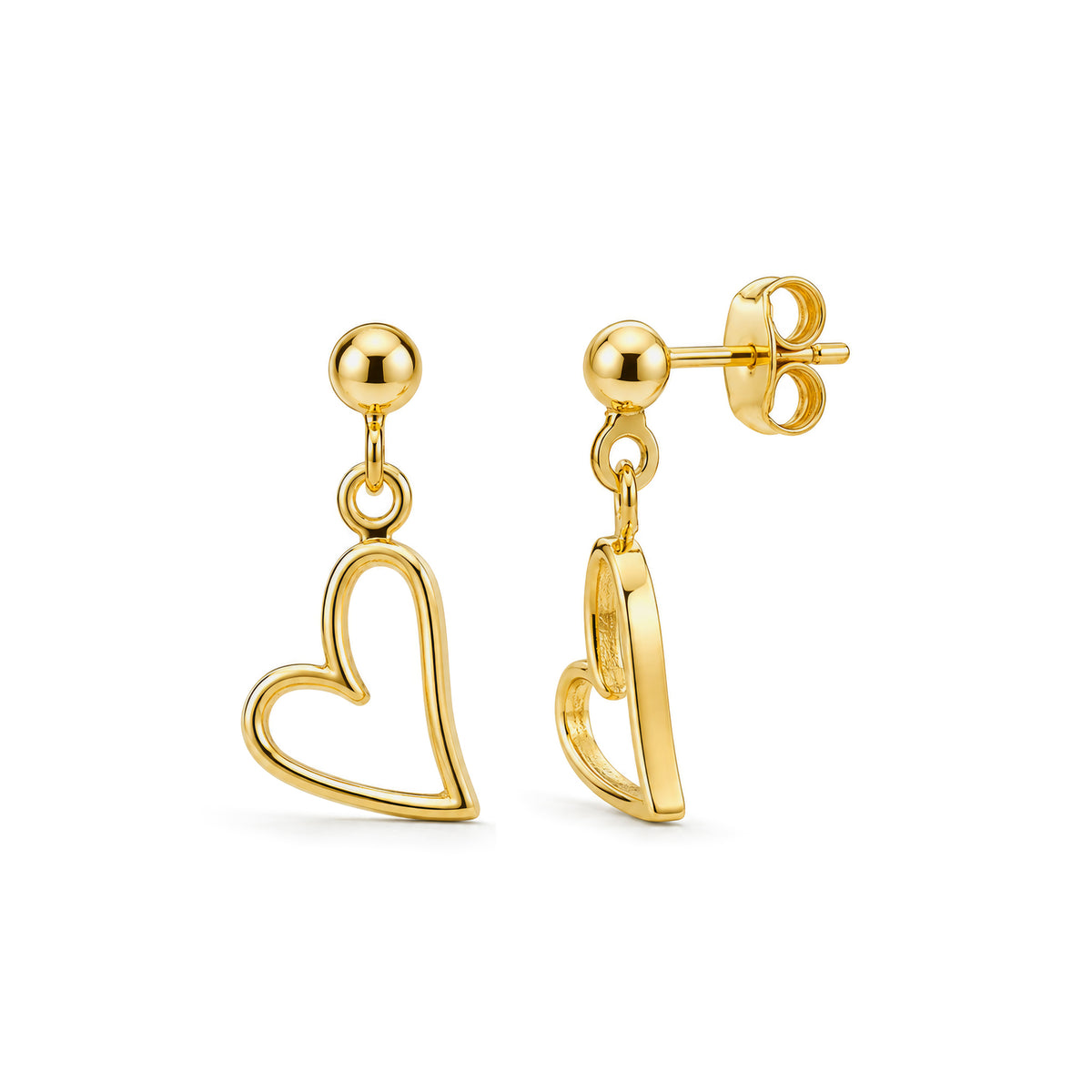 9ct Gold Open Heart Drop Earrings with Ball Stud Tops