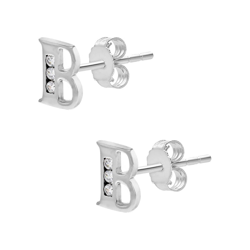 9ct White Gold Cubic Zirconia CZ Serif Initial B Stud Earrings — side