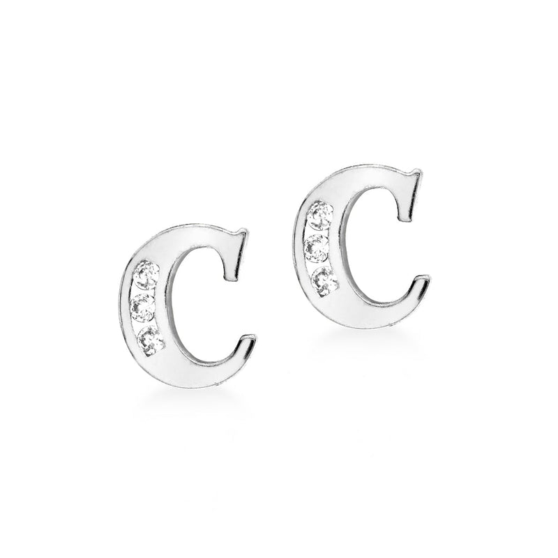 9ct White Gold Cubic Zirconia CZ Serif Initial C Stud Earrings