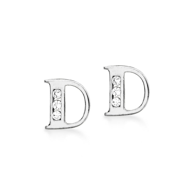 9ct White Gold Cubic Zirconia CZ Serif Initial D Stud Earrings