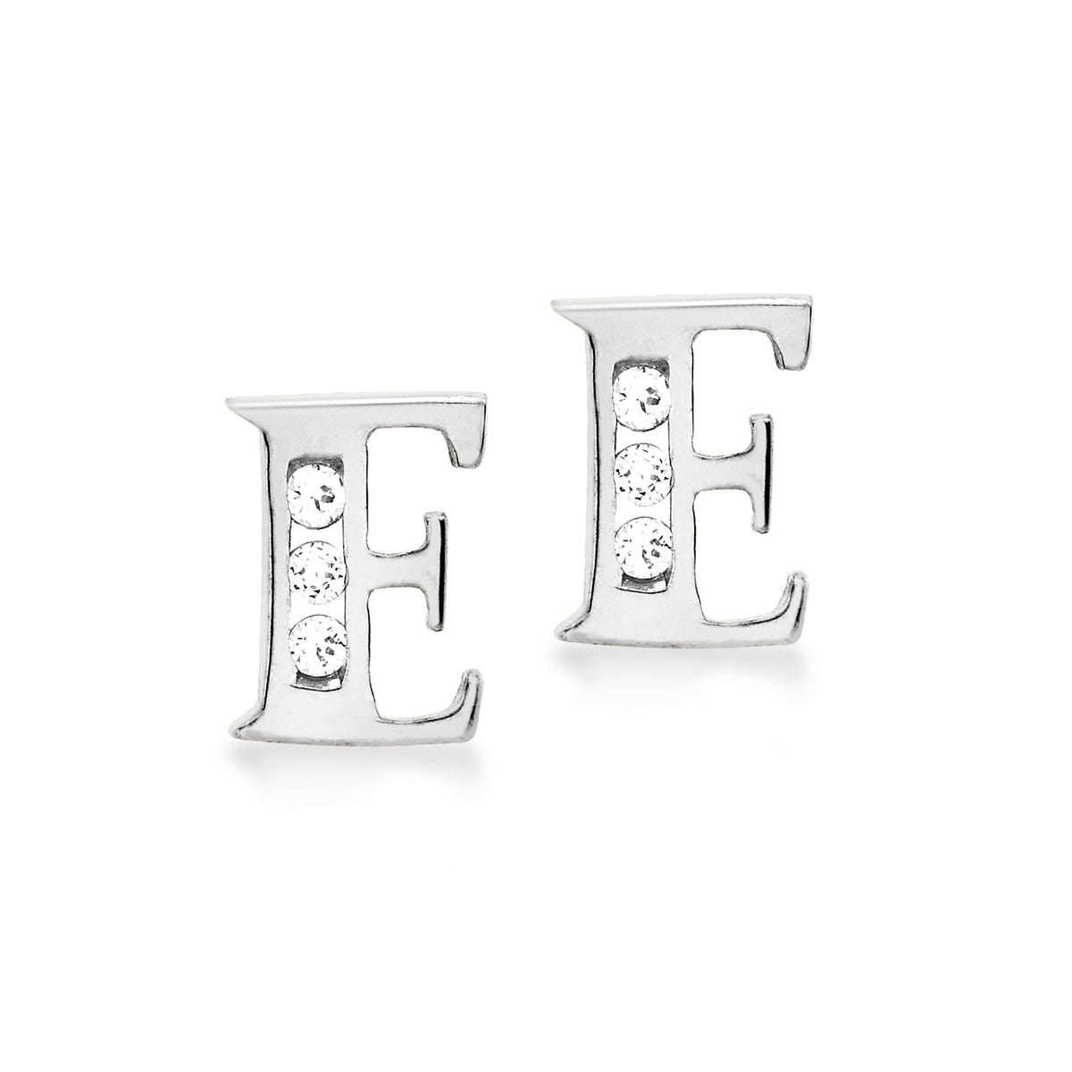 9ct White Gold Cubic Zirconia CZ Serif Initial E Stud Earrings