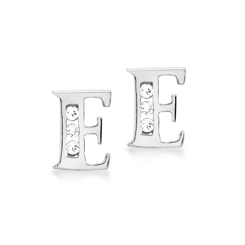 9ct White Gold Cubic Zirconia CZ Serif Initial E Stud Earrings
