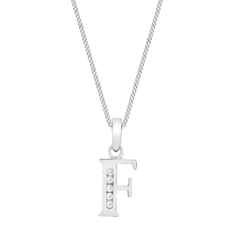 9ct White Gold Cubic Zirconia CZ Serif Initial F Pendant