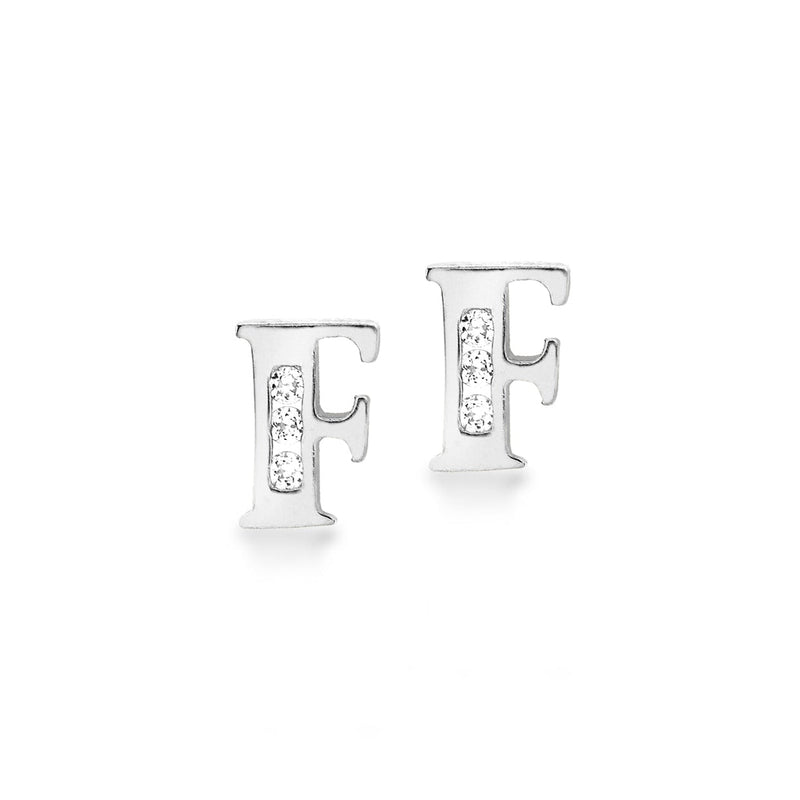 9ct White Gold Cubic Zirconia CZ Serif Initial F Stud Earrings