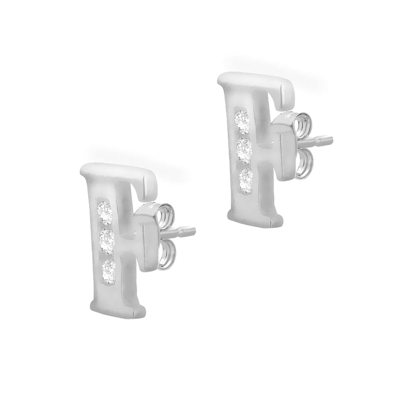 9ct White Gold Cubic Zirconia CZ Serif Initial F Stud Earrings — side