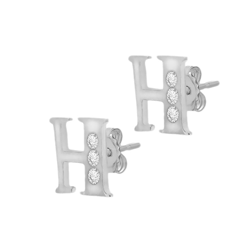 9ct White Gold Cubic Zirconia CZ Serif Initial H Stud Earrings — side