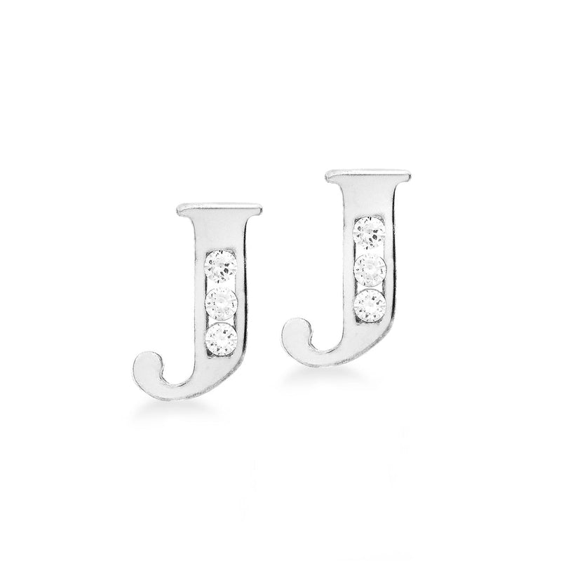 9ct White Gold Cubic Zirconia CZ Serif Initial J Stud Earrings