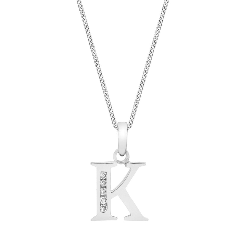9ct White Gold Cubic Zirconia CZ Serif Initial K Pendant