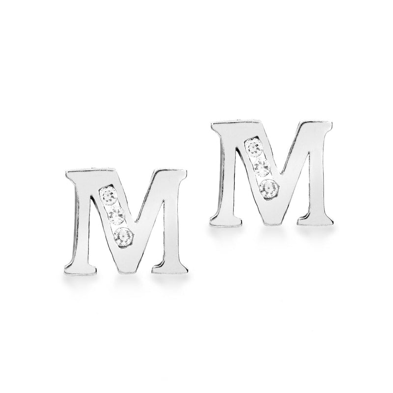 9ct White Gold Cubic Zirconia CZ Serif Initial M Stud Earrings