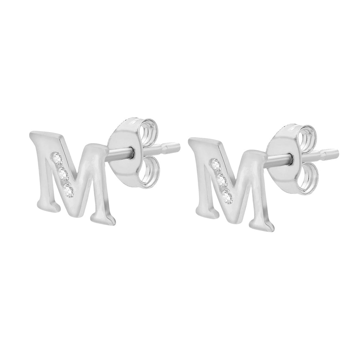 9ct White Gold Cubic Zirconia CZ Serif Initial M Stud Earrings — side