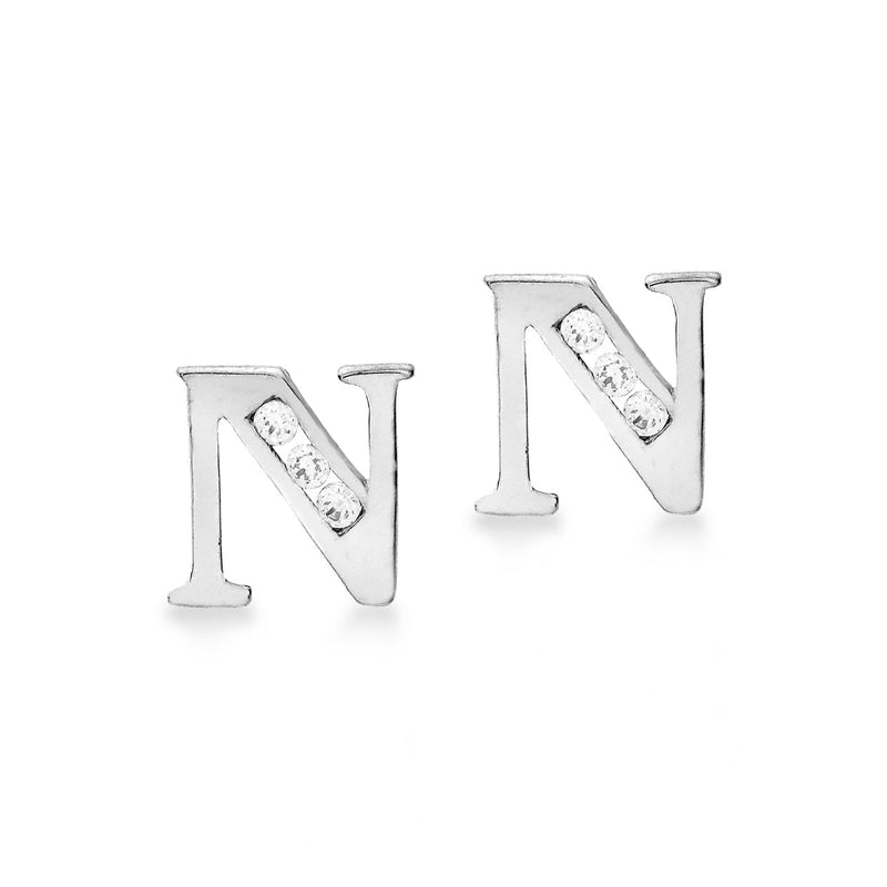 9ct White Gold Cubic Zirconia CZ Serif Initial N Stud Earrings