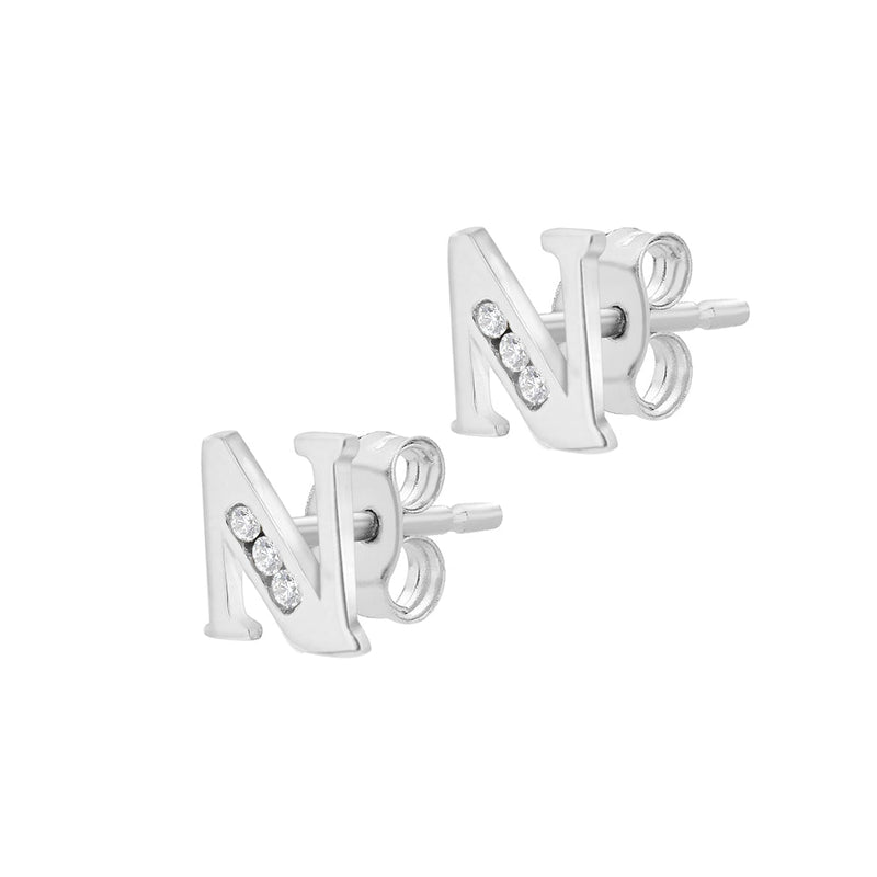 9ct White Gold Cubic Zirconia CZ Serif Initial N Stud Earrings — side
