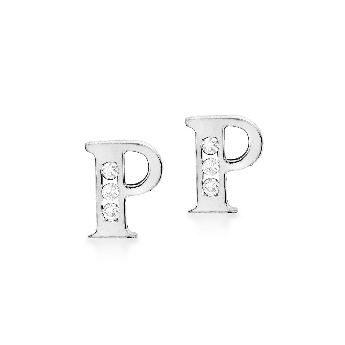 9ct White Gold Cubic Zirconia CZ Serif Initial P Stud Earrings
