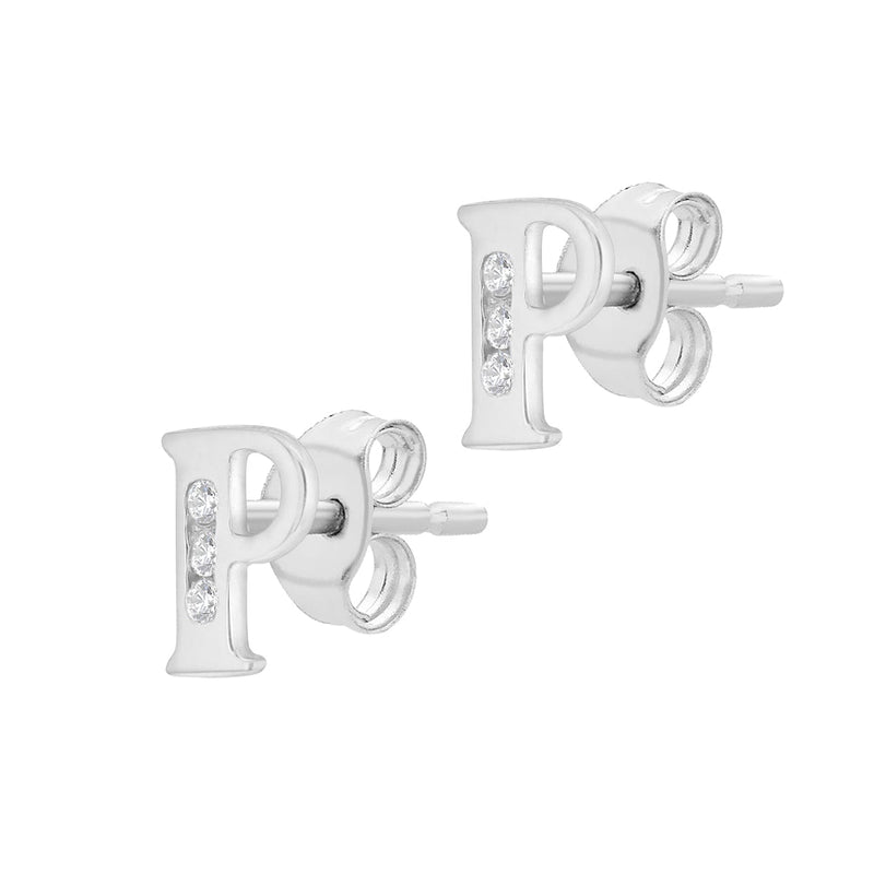 9ct White Gold Cubic Zirconia CZ Serif Initial P Stud Earrings — side