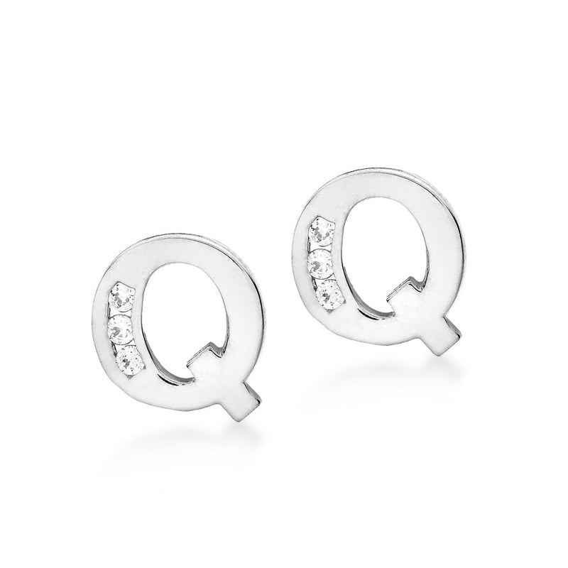 9ct White Gold Cubic Zirconia CZ Serif Initial Q Stud Earrings