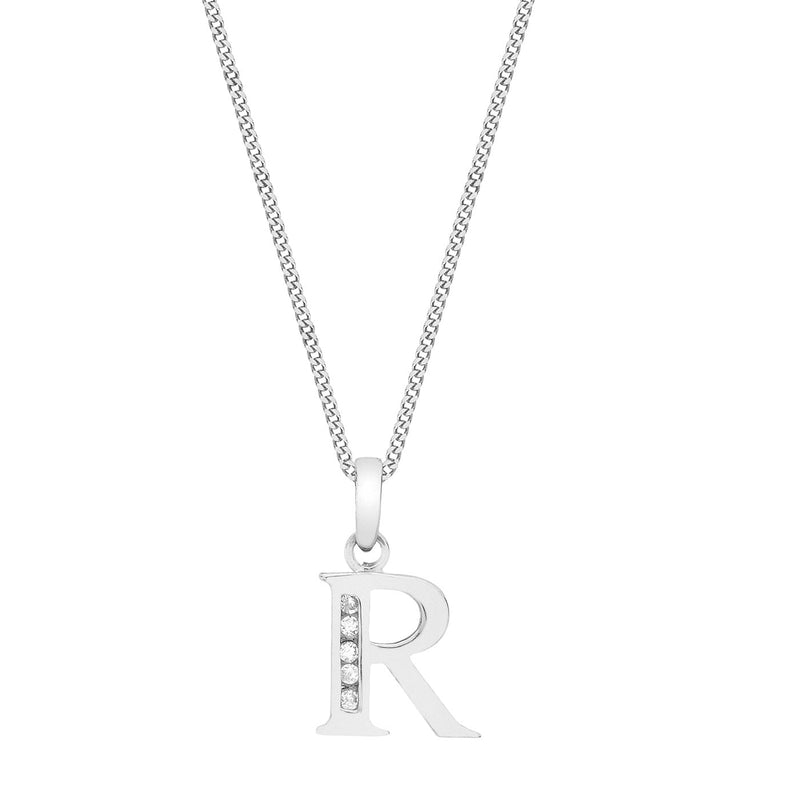 9ct White Gold Cubic Zirconia CZ Serif Initial R Pendant