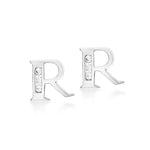 9ct White Gold Cubic Zirconia CZ Serif Initial R Stud Earrings