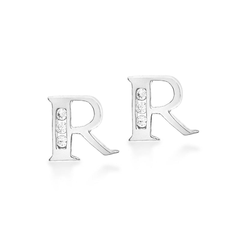 9ct White Gold Cubic Zirconia CZ Serif Initial R Stud Earrings