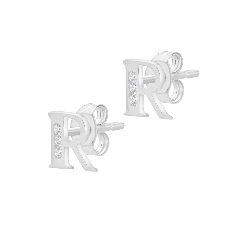 9ct White Gold Cubic Zirconia CZ Serif Initial R Stud Earrings — side