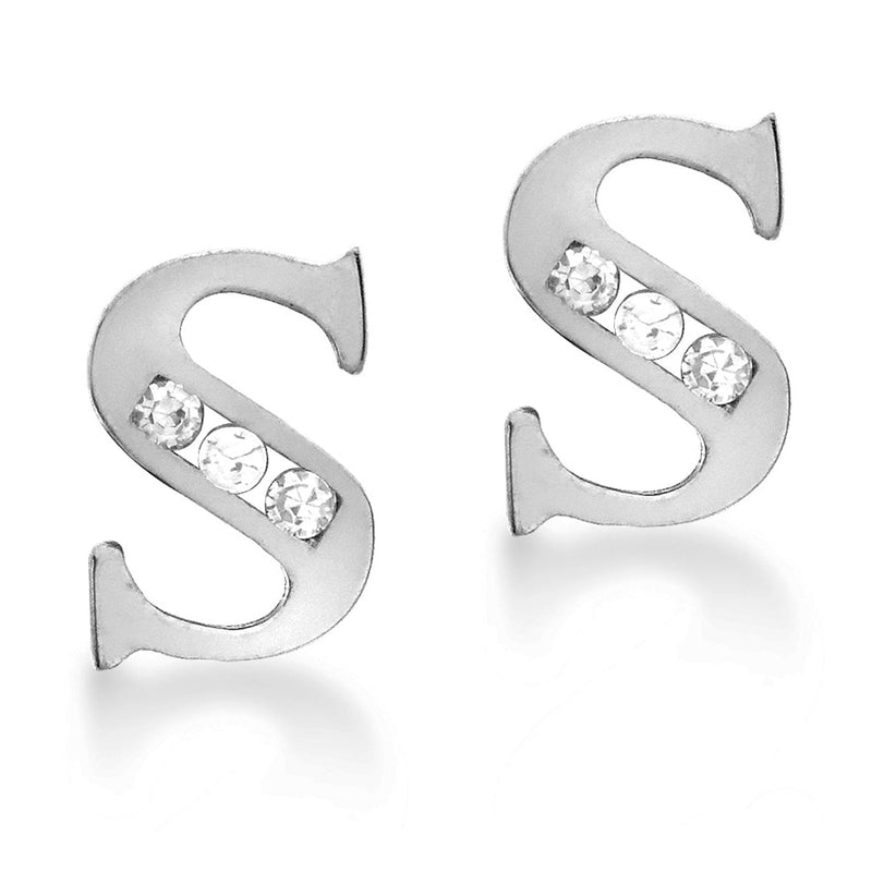 9ct White Gold Cubic Zirconia CZ Serif Initial S Stud Earrings