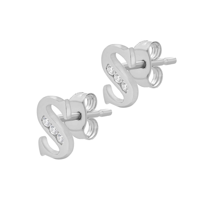 9ct White Gold Cubic Zirconia CZ Serif Initial S Stud Earrings — side
