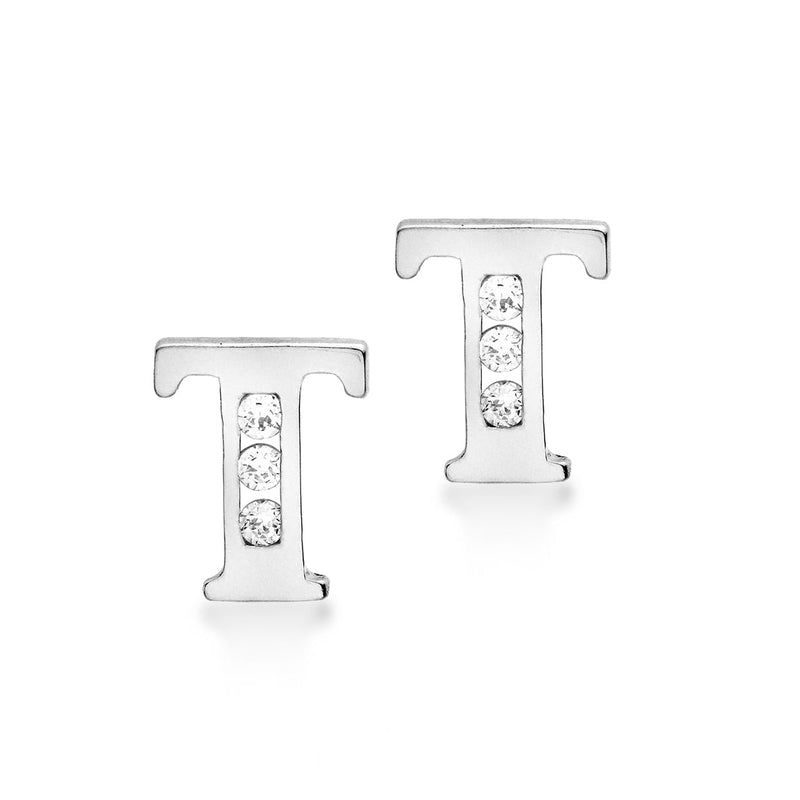 9ct White Gold Cubic Zirconia CZ Serif Initial T Stud Earrings