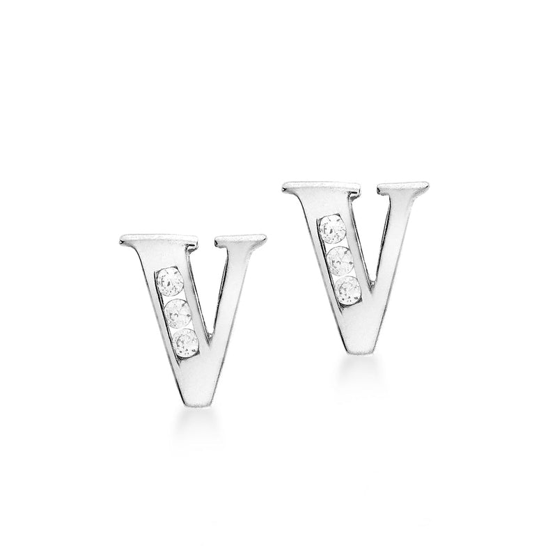 9ct White Gold Cubic Zirconia CZ Serif Initial V Stud Earrings