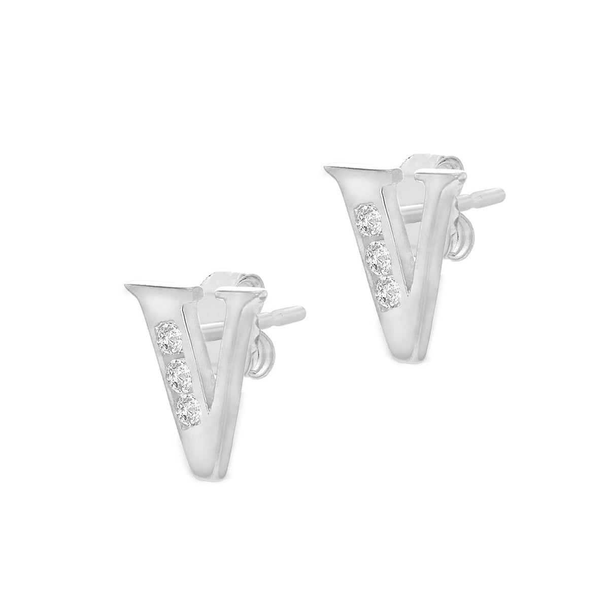 9ct White Gold Cubic Zirconia CZ Serif Initial V Stud Earrings — side