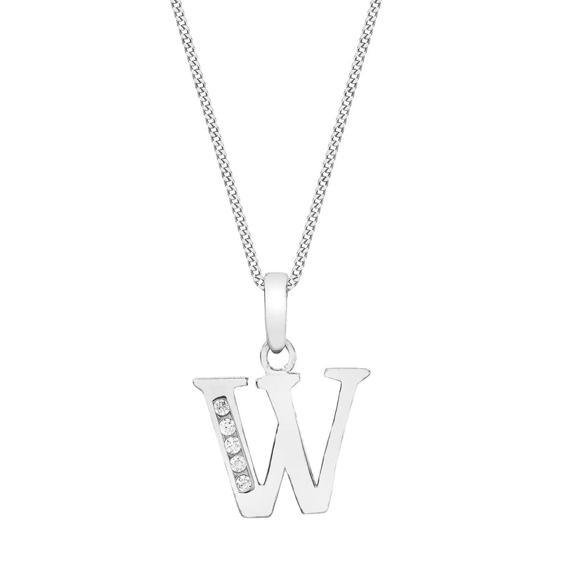 9ct White Gold Cubic Zirconia CZ Serif Initial W Pendant