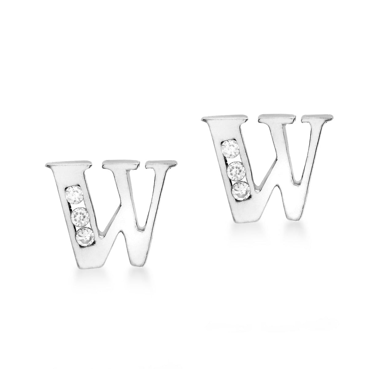 9ct White Gold Cubic Zirconia CZ Serif Initial W Stud Earrings