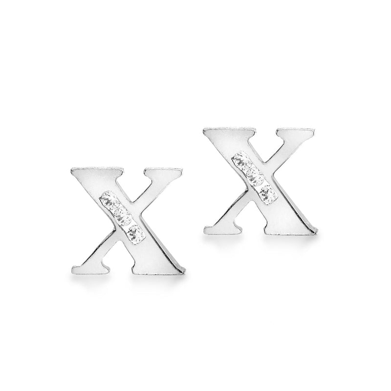 9ct White Gold Cubic Zirconia CZ Serif Initial X Stud Earrings