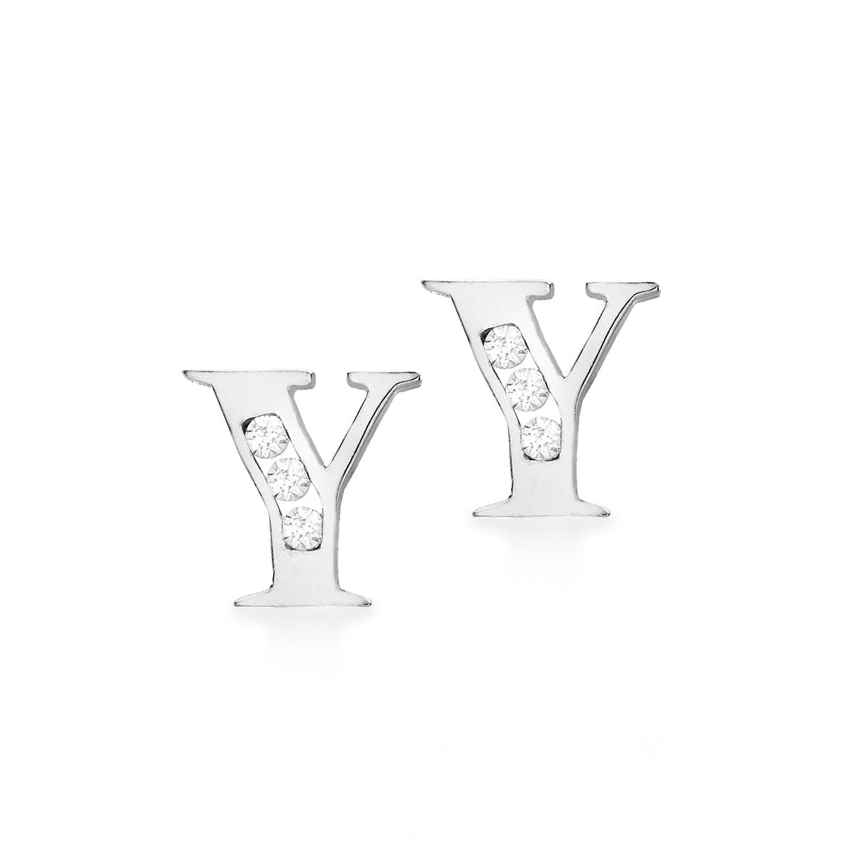9ct White Gold Cubic Zirconia CZ Serif Initial Y Stud Earrings