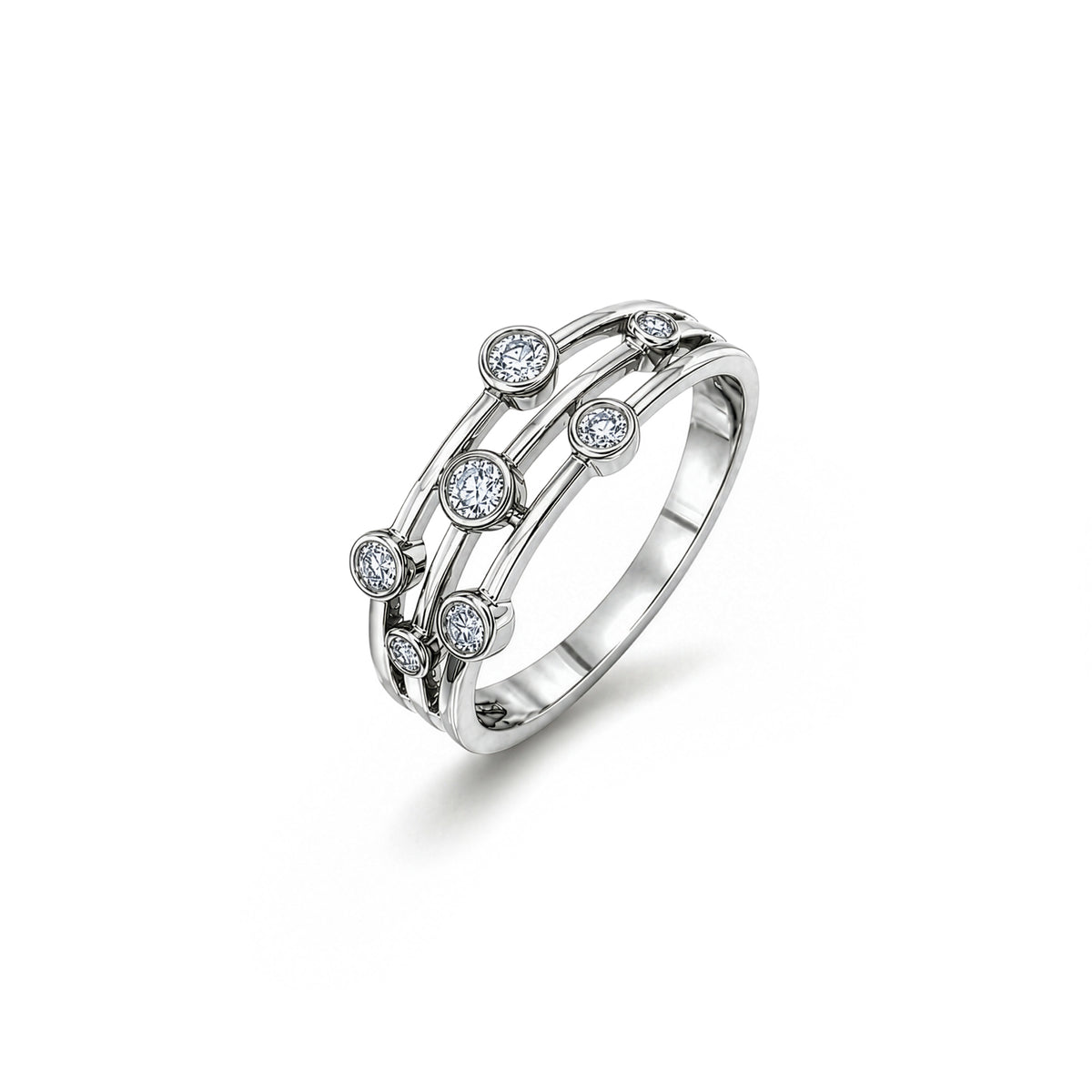 9ct White Gold Natural Diamond Three Row Bubble Ring