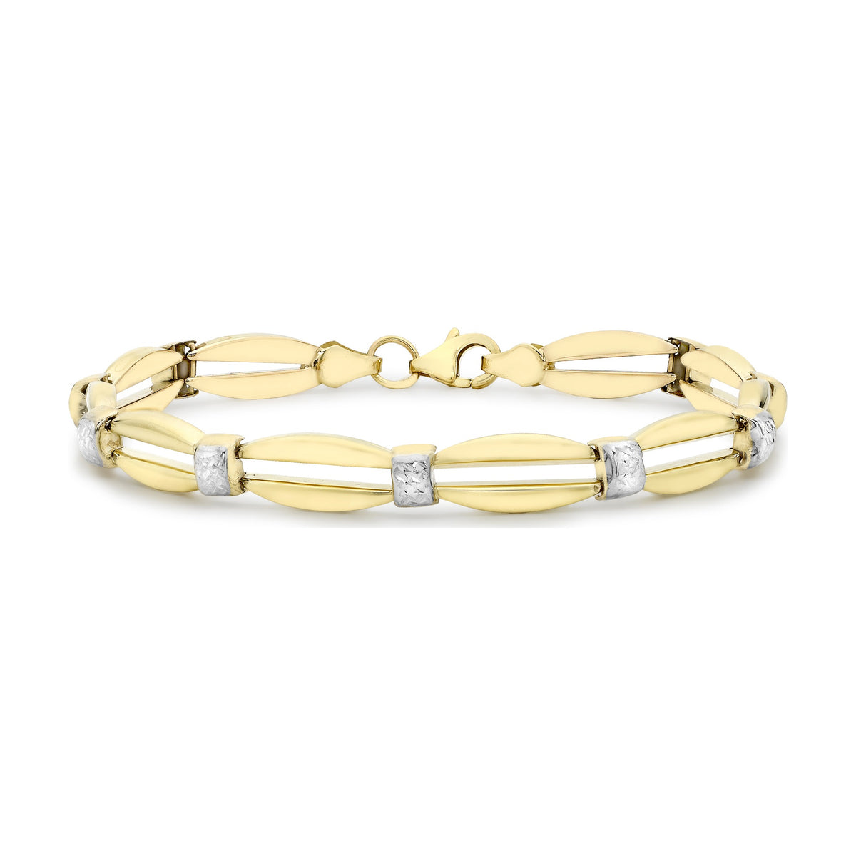 9ct Yellow and White Gold Diamond Cut Oval Bar Link Bracelet — 6mm