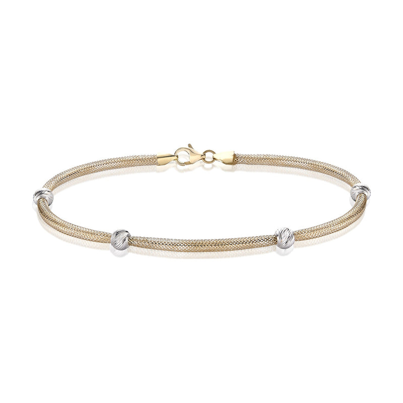 9ct Yellow and White Gold Mesh Bracelet with Diamond Cut Beads