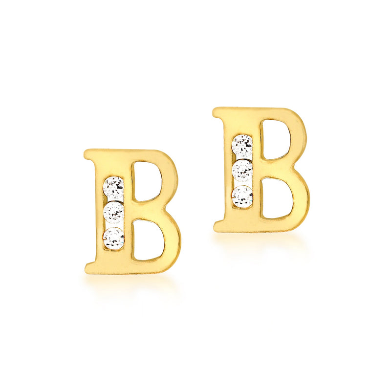 9ct Yellow Gold Cubic Zirconia CZ Serif Initial B Stud Earrings