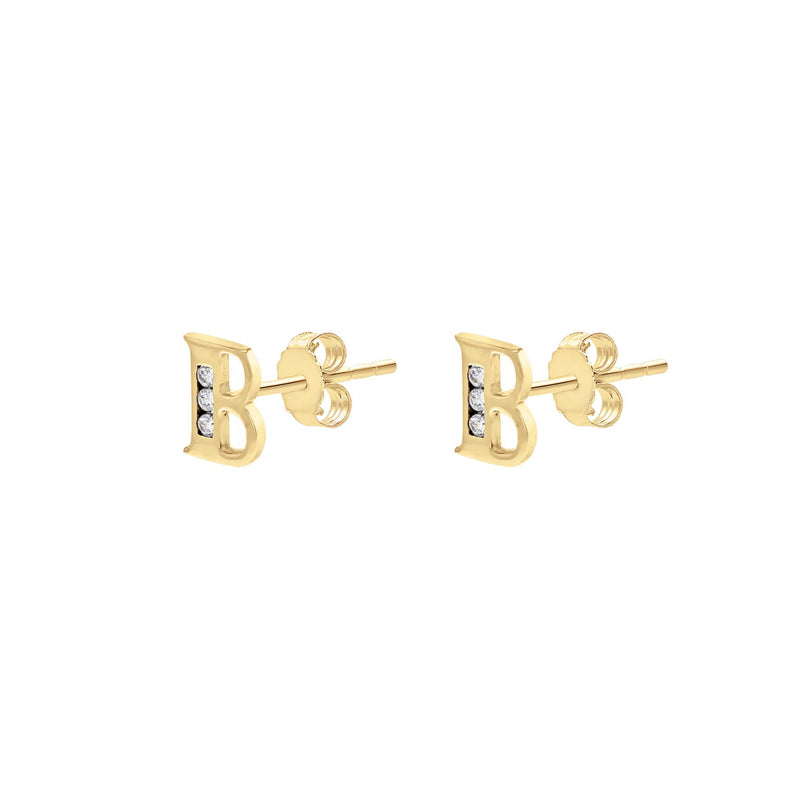 9ct Yellow Gold Cubic Zirconia CZ Serif Initial B Stud Earrings — side
