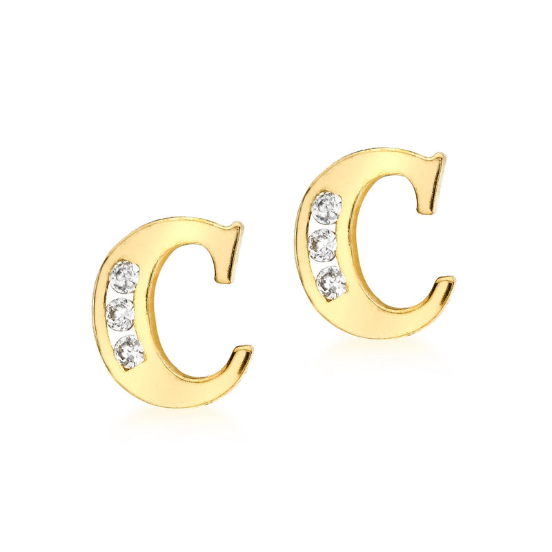 9ct Yellow Gold Cubic Zirconia CZ Serif Initial C Stud Earrings